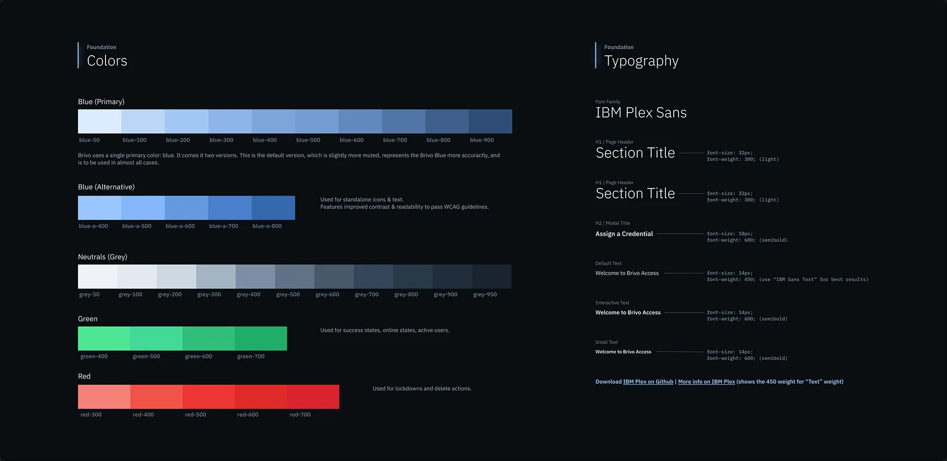 Design system foundations: blue primary and alternative palettes, neutrals, green and red, and IBM Plex Sans type styles