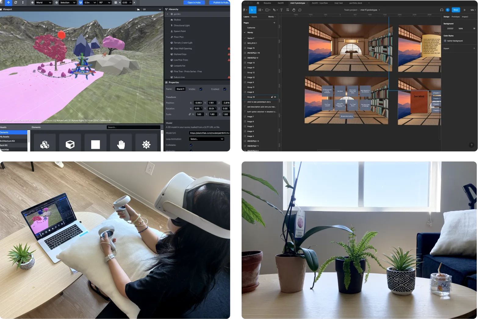 Concept test with role-play, bonsai props, and a Mozilla Hubs mockup