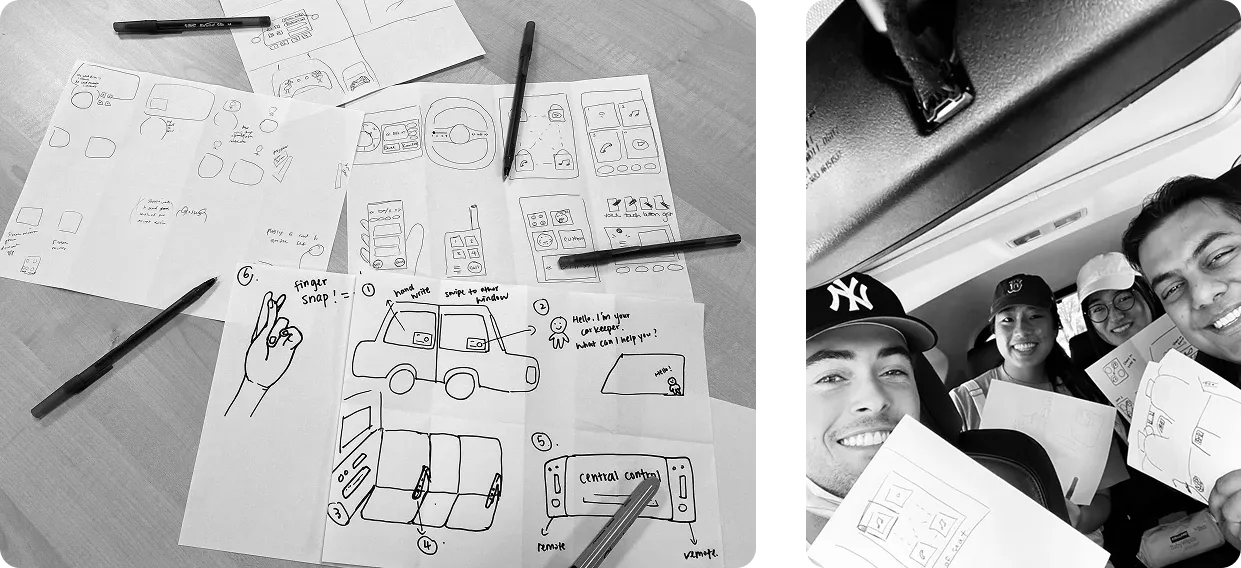 Crazy 8’s sketches spread on a table, and the team holding up their sketches while brainstorming in a car