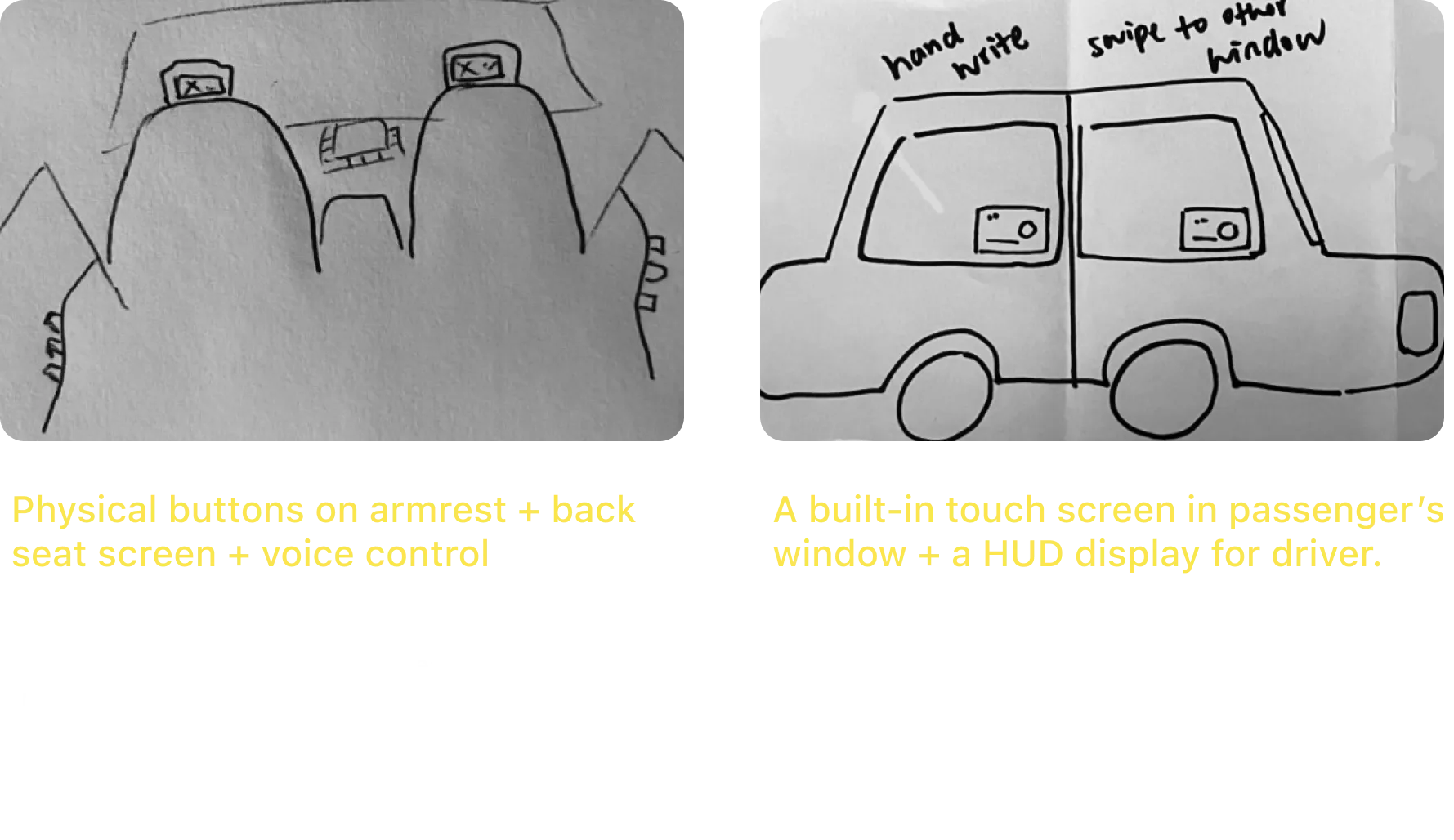 Two top ideas: physical buttons on the armrest with a back-seat screen and voice control, and a touch screen built into the passenger’s window with a HUD for the driver