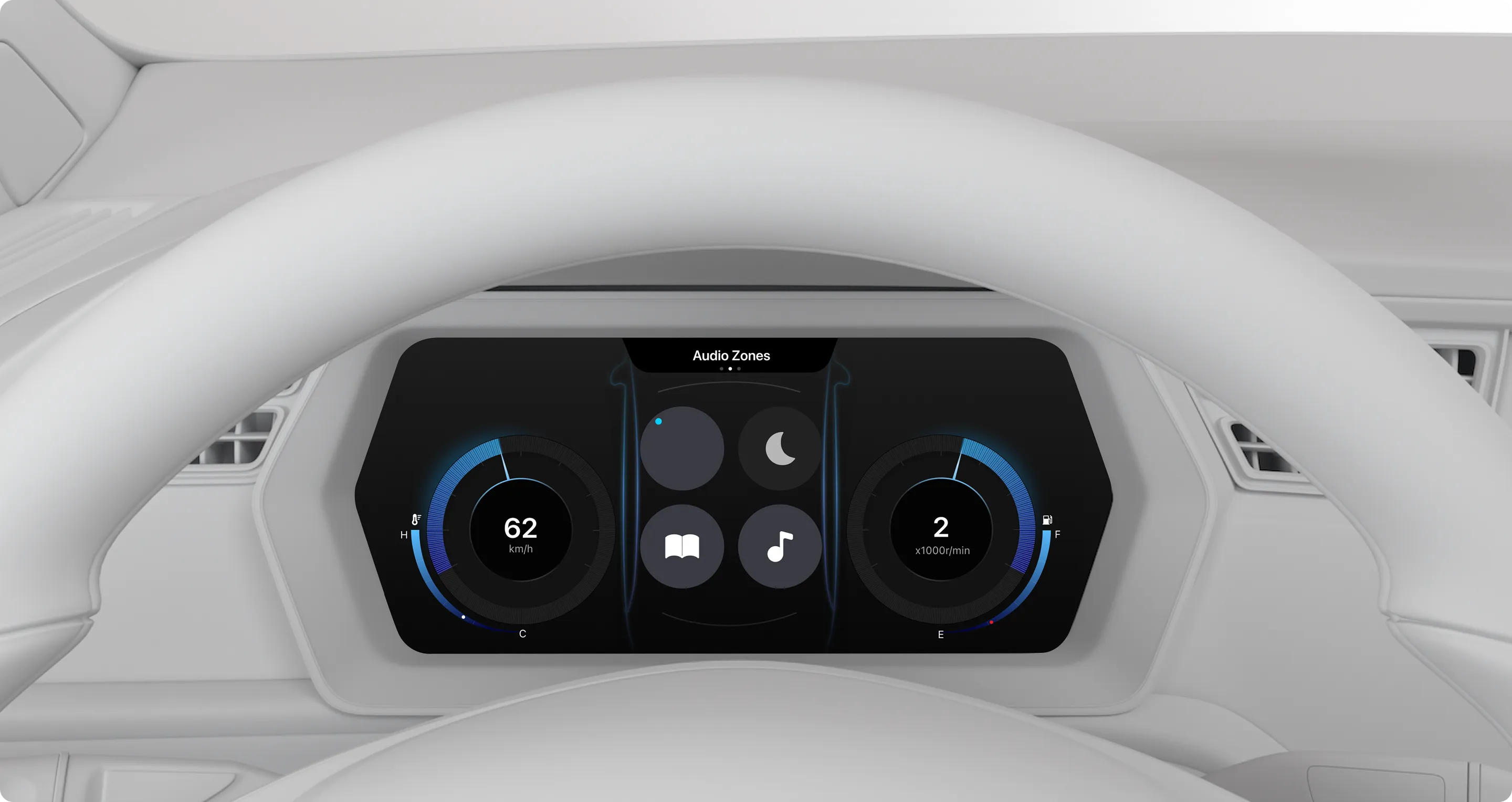 The audio zone interface on the instrument cluster behind the steering wheel, between the speed and RPM gauges