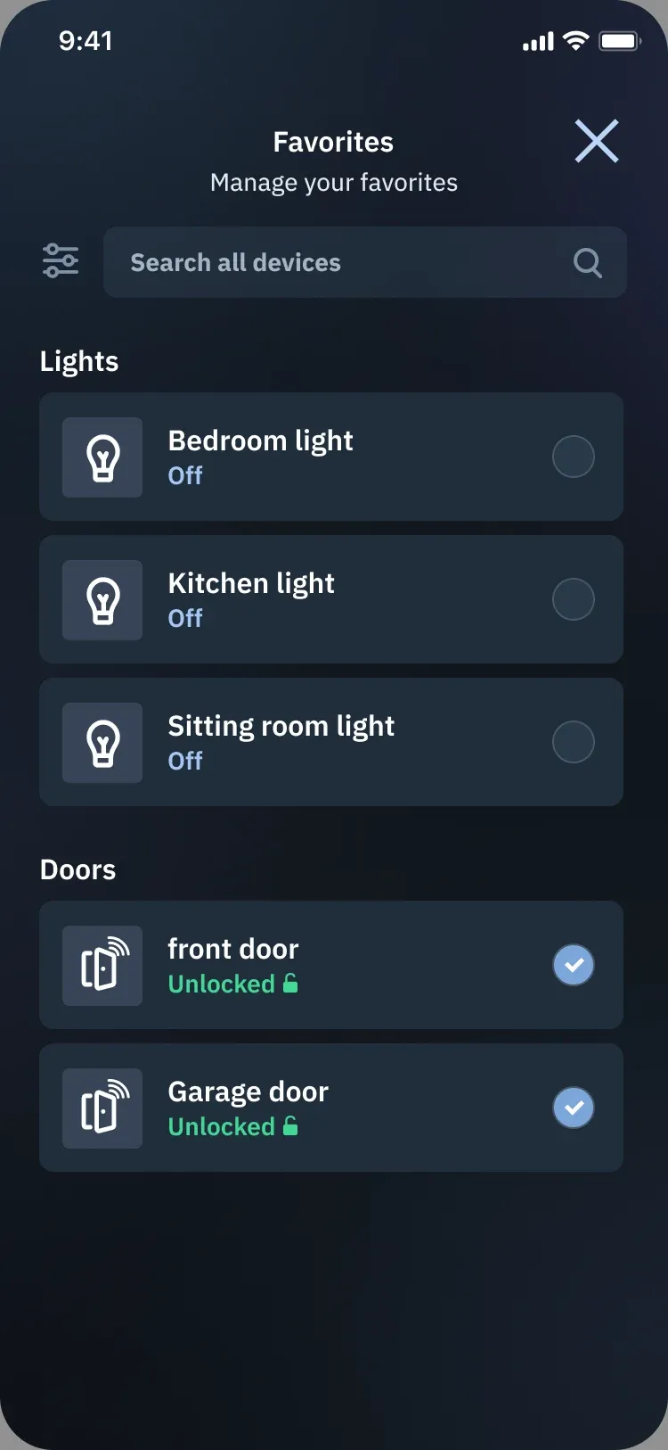 Favorites screen with lights and doors to check
