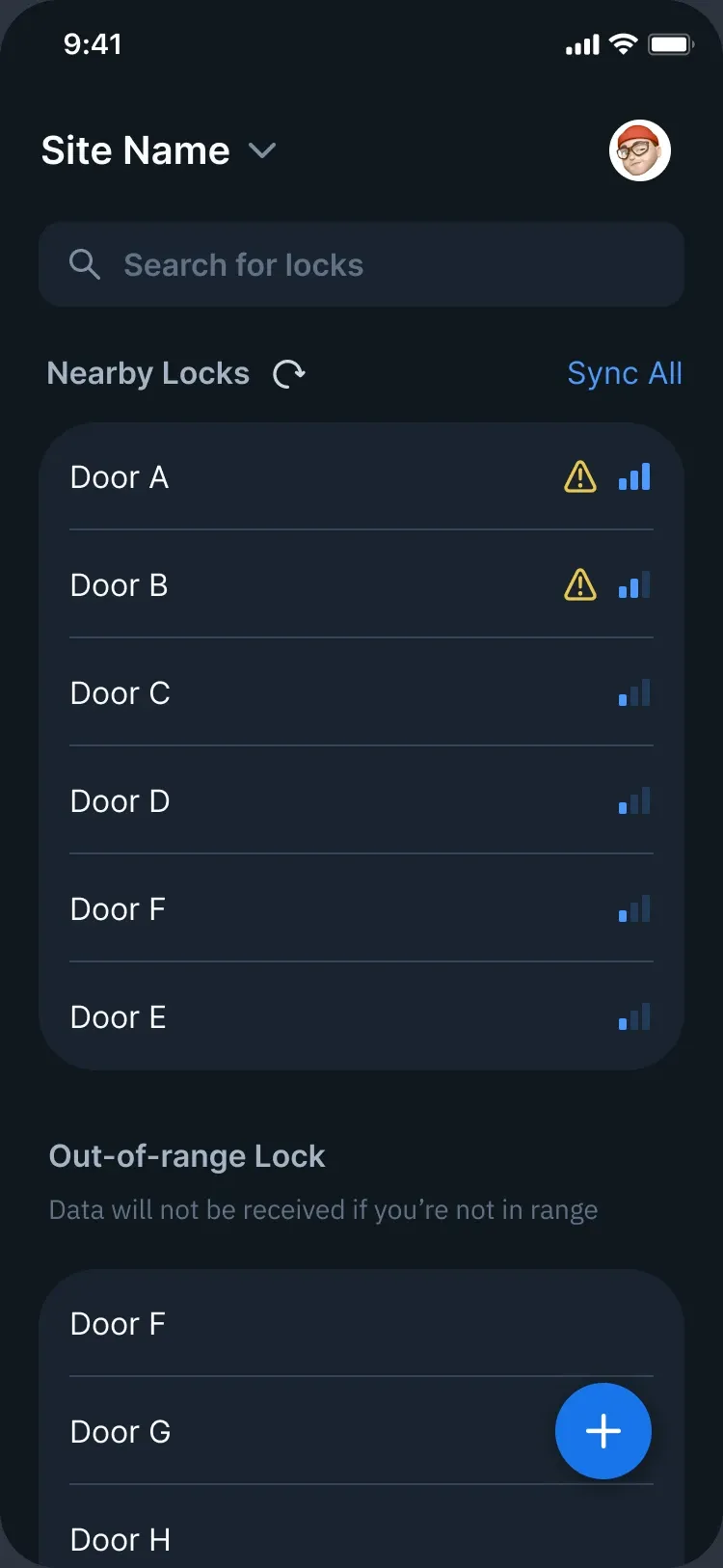 Nearby locks first, with Sync All at the top