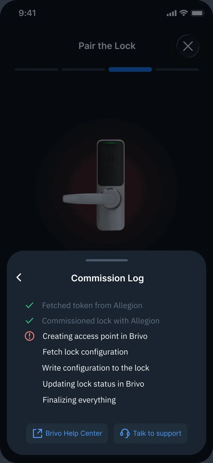 Commission log with Brivo Help Center and Talk to support