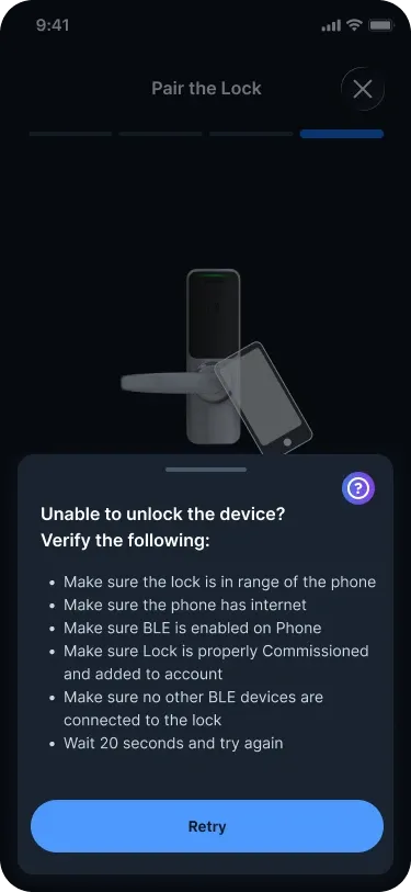 Unlock test fails, Recover: What to check, then retry