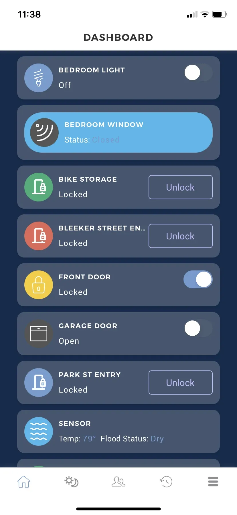 Old Brivo Smart Home dashboard: a list of lights, doors, a garage door and a sensor, each with a different coloured icon and a mix of toggles and Unlock buttons