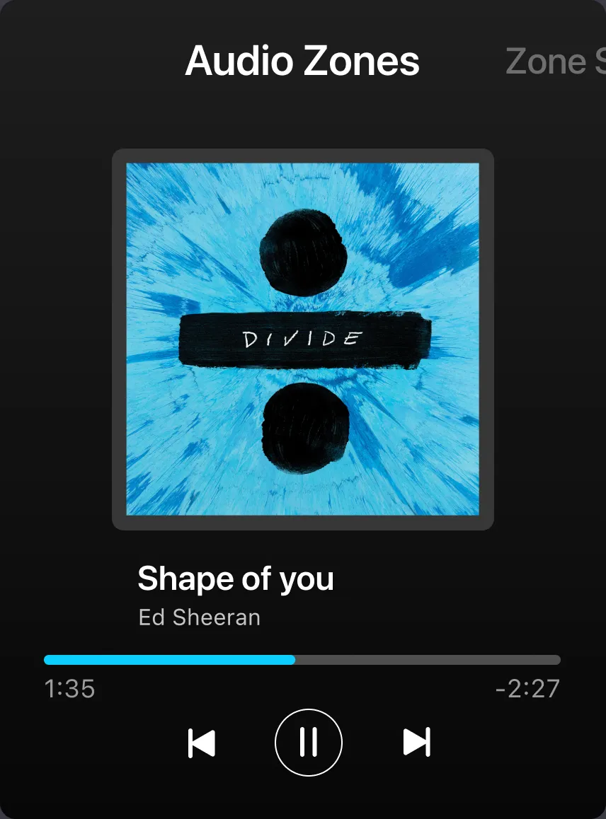 Shape of You by Ed Sheeran playing, with a progress bar and controls
