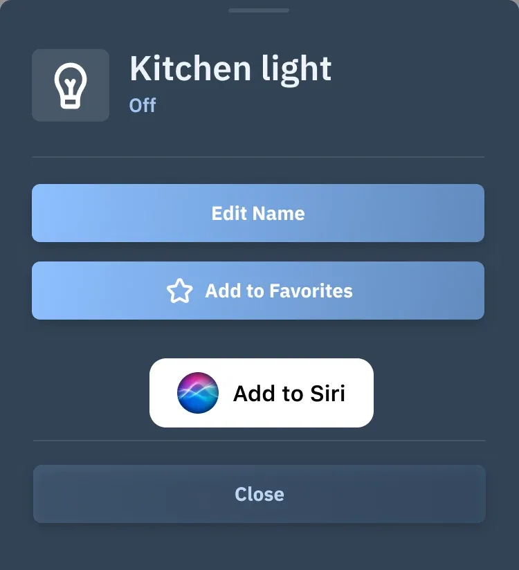 Edit menu for Kitchen light: Edit Name, Add to Favorites, Add to Siri, Close