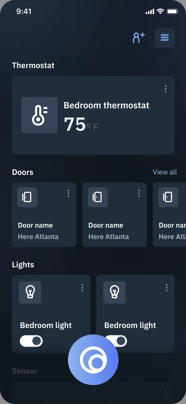 Home screen with Thermostat, Doors and Lights