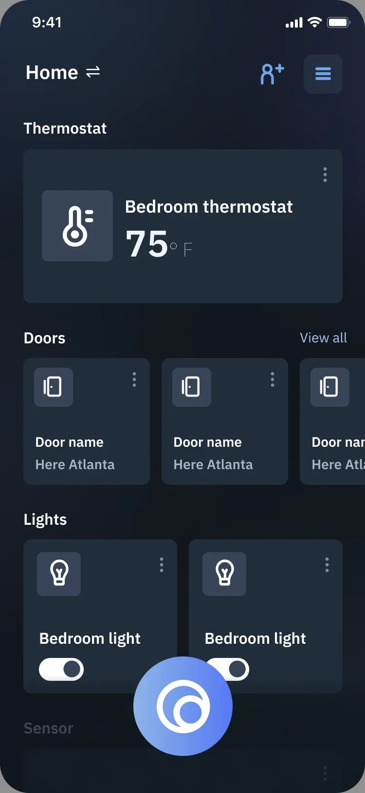 Home screen titled Home with a switch icon