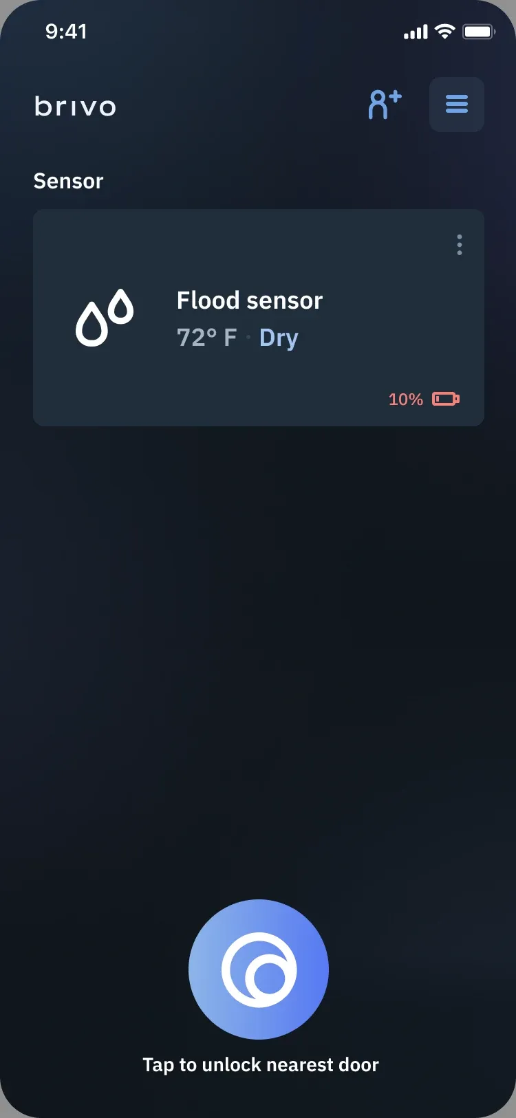 Home screen with a Flood sensor card showing low battery