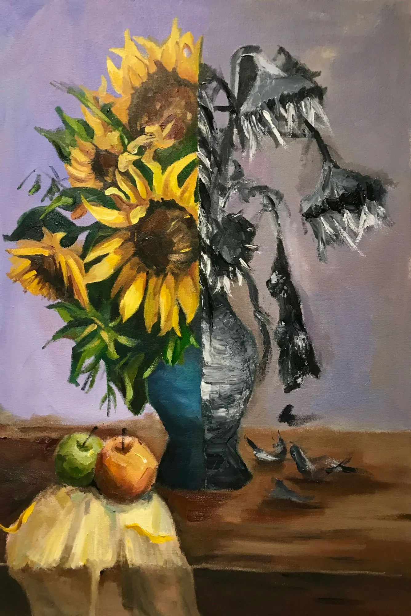 Oil still life of sunflowers, half in colour and half withered in grey