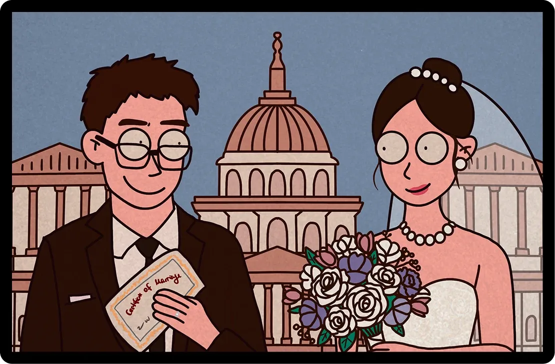 Illustrated wedding portrait in front of the US Capitol