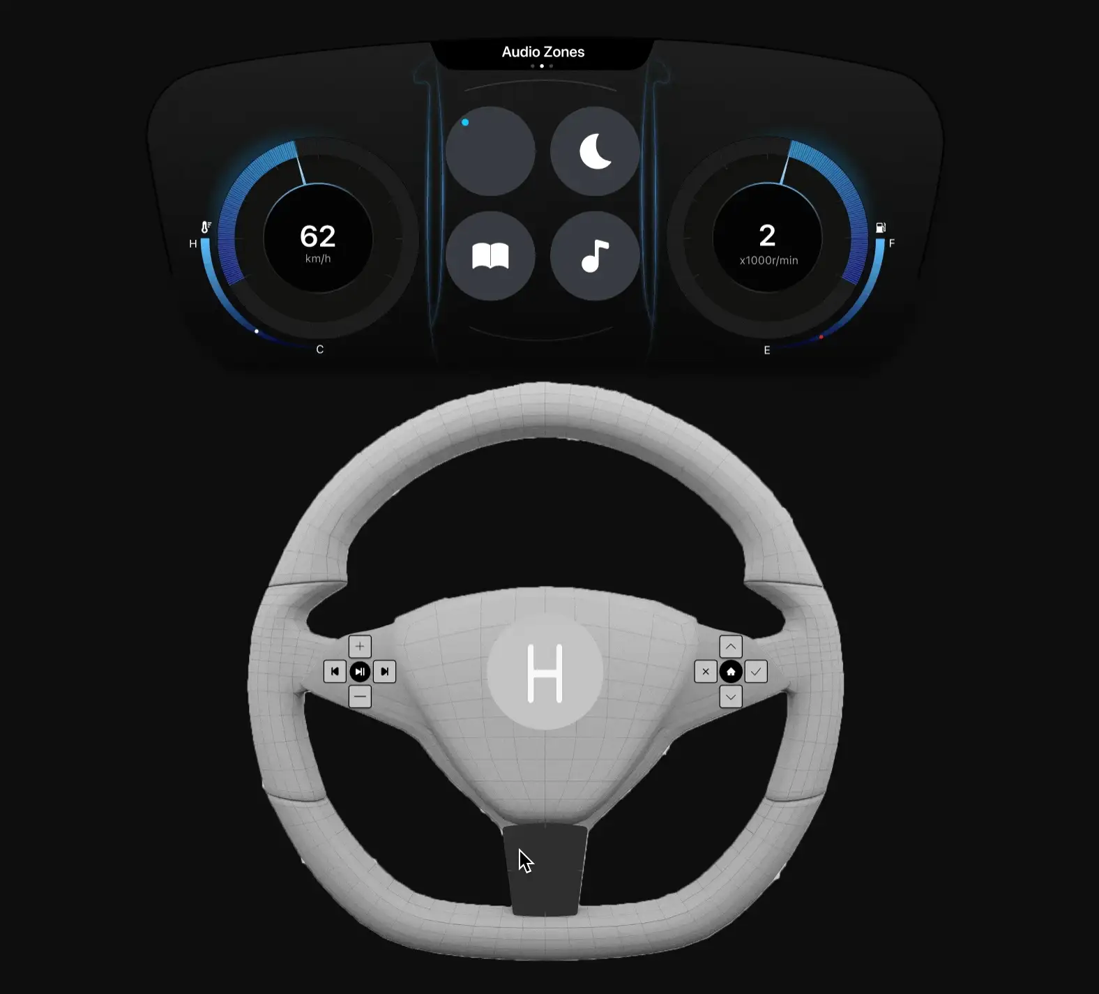 Animated prototype: the driver uses the trackpad to monitor another zone’s audio on the dashboard