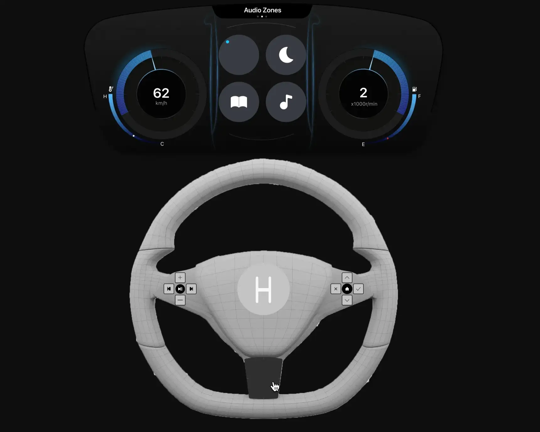 Animated prototype: the driver assigns a passenger as co-admin from the steering wheel