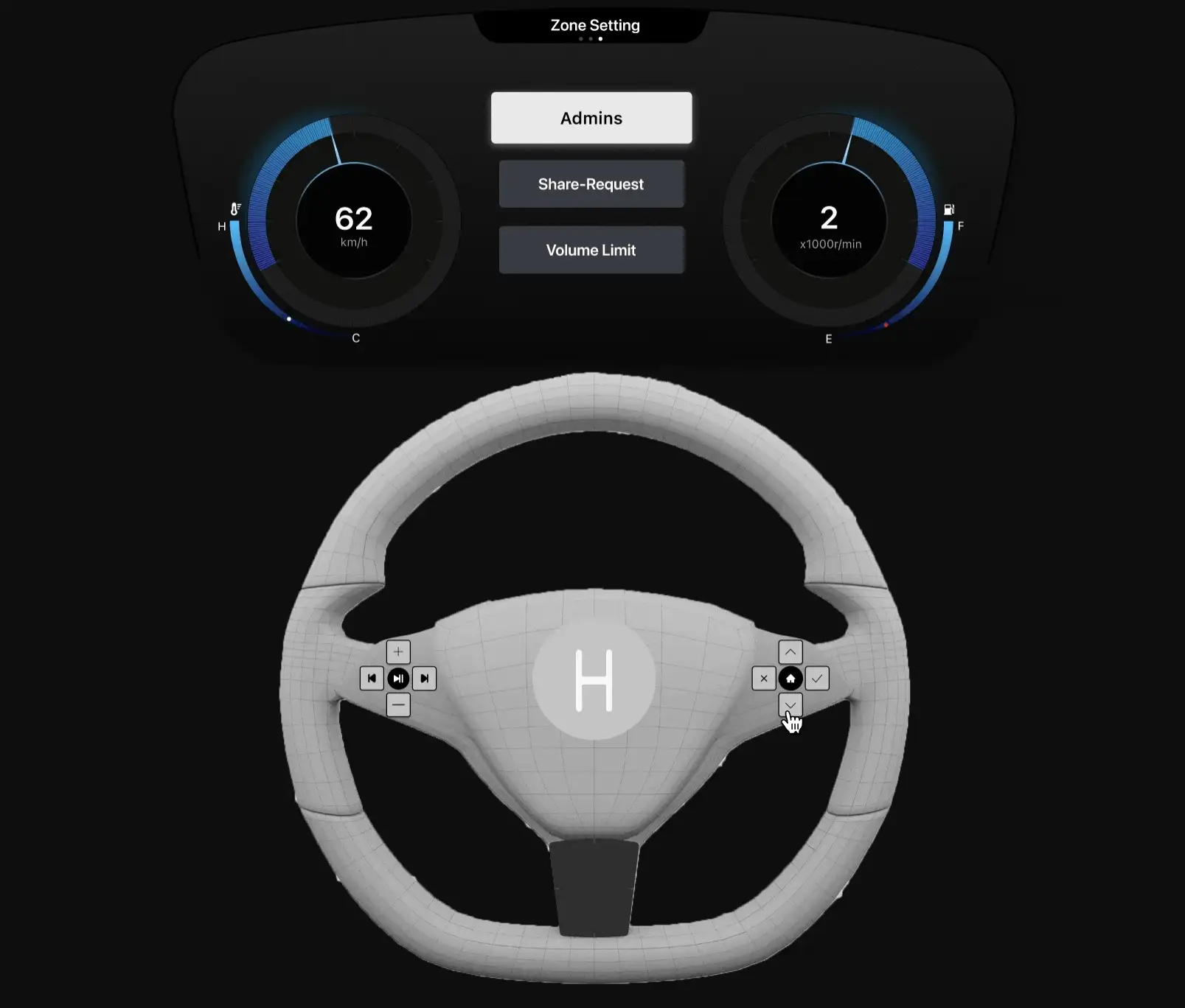 Animated prototype: the driver opens Zone Setting and sets a volume limit for another zone
